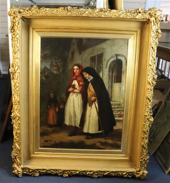Eugene Francois de Block (Belgian 1812-1893) Women attending church 28.25 x 21.25in.